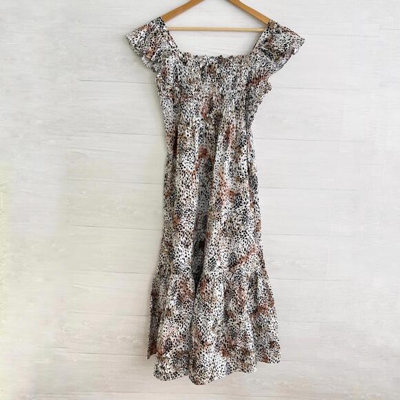 NWT SEA New York - Lana Tan black smocked flutter strap cotton midi dress sz 6